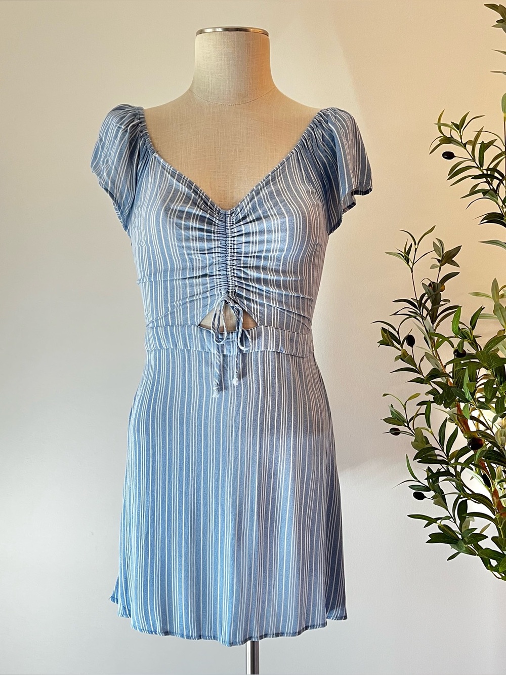Aeropostale Light Blue & White Striped Ruched Front Mini Dress